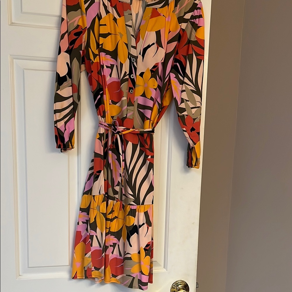 LOFT Long Sleeve Floral Print Tie-Waist Dress in Mustard, Pink, Black